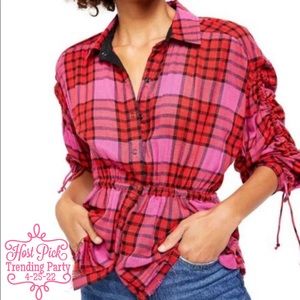 FREE PEOPLE Pacific Dawn Blouse Bohemian Top Plaid Snap Buttons Ballon Sleeves